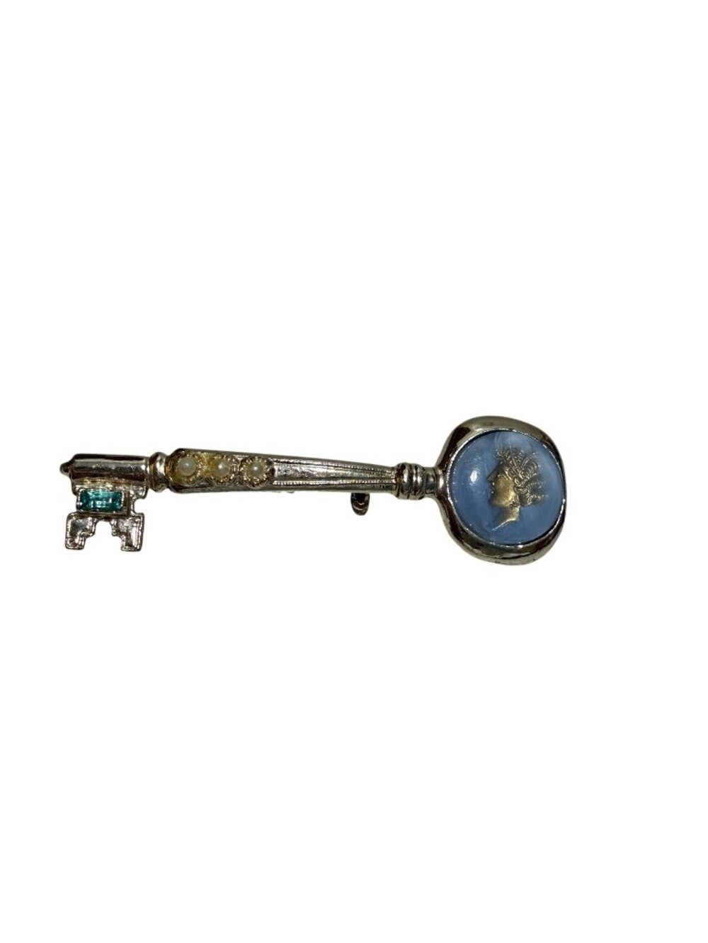 Vintage Key Shaped Brooch Pin Blue Cameo Faux Gem Accents Silver Toned Metal
